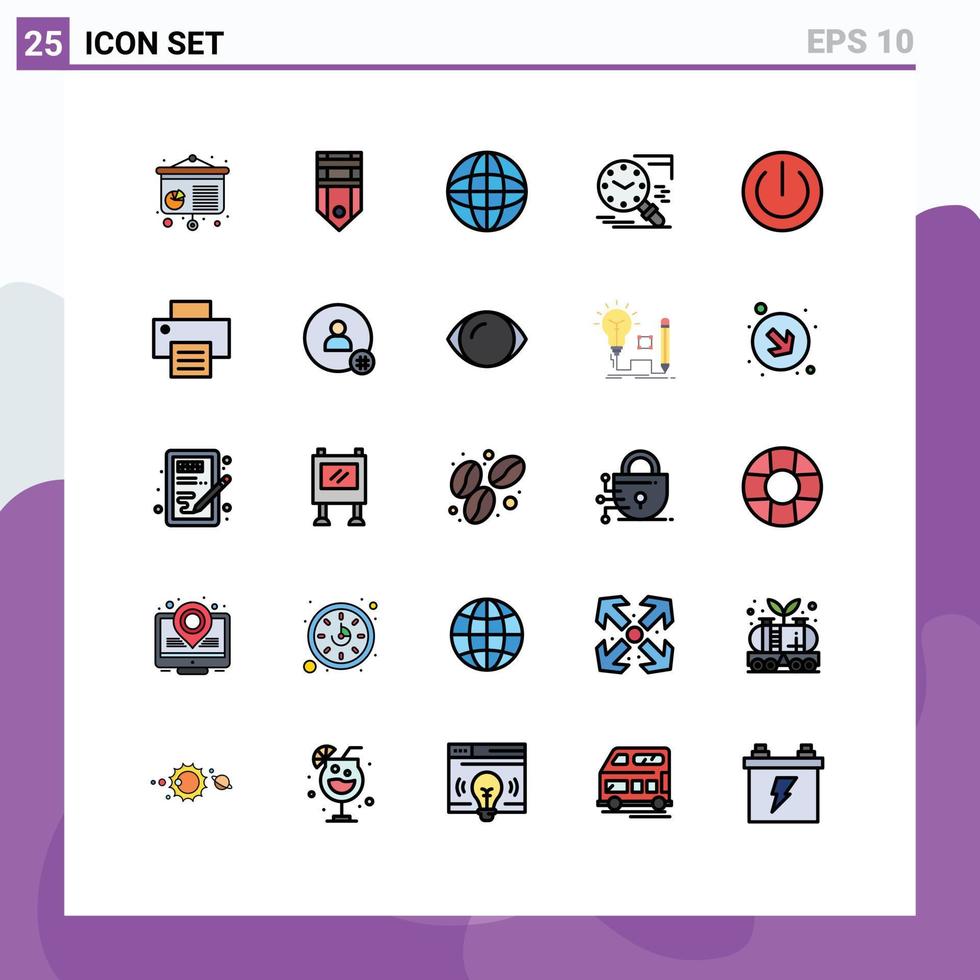 25 Thematic Vector Filled line Flat Colors and Editable Symbols of schedule time automation magnifier globe Editable Vector Design Elements
