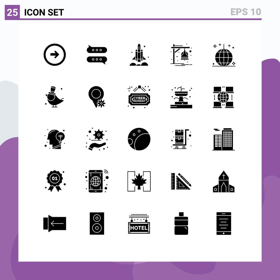 25 User Interface Solid Glyph Pack of modern Signs and Symbols of train bell chatting alarm transport Editable Vector Design Elements