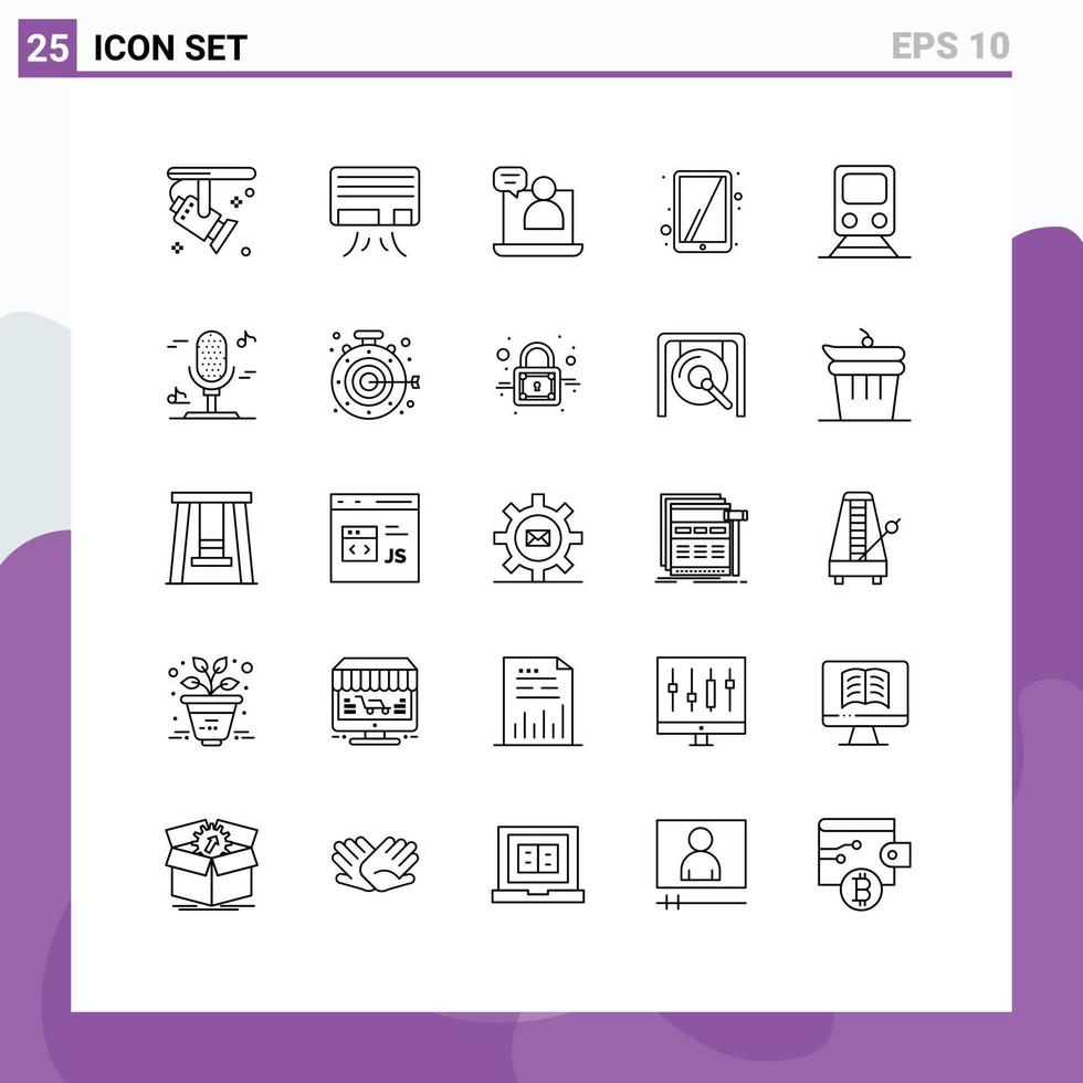 Pictogram Set of 25 Simple Lines of transportation railway chat rail tablet Editable Vector Design Elements