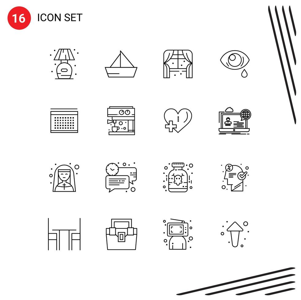 16 Thematic Vector Outlines and Editable Symbols of calendar eye yacht droop window Editable Vector Design Elements