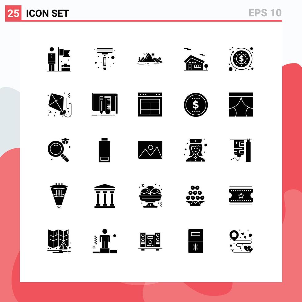 Mobile Interface Solid Glyph Set of 25 Pictograms of process budget hill house building Editable Vector Design Elements