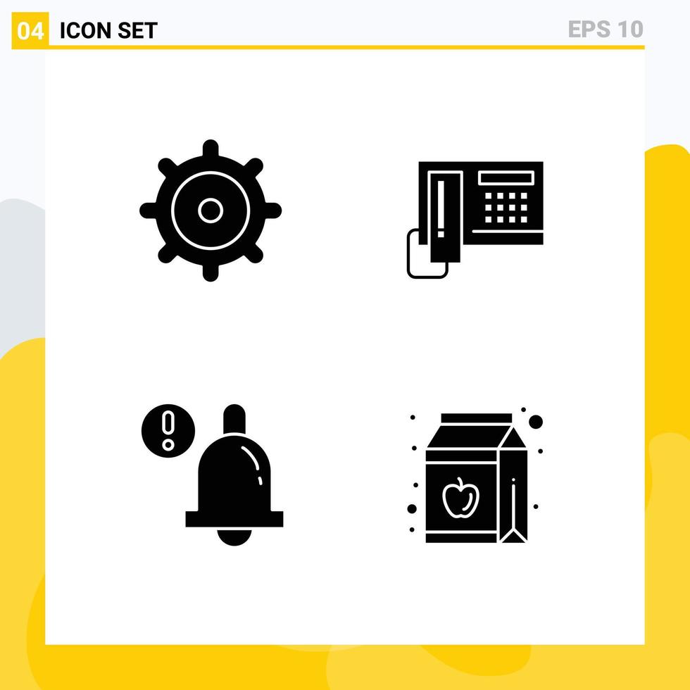 Universal Icon Symbols Group of 4 Modern Solid Glyphs of gear apple phone alarm pack Editable Vector Design Elements