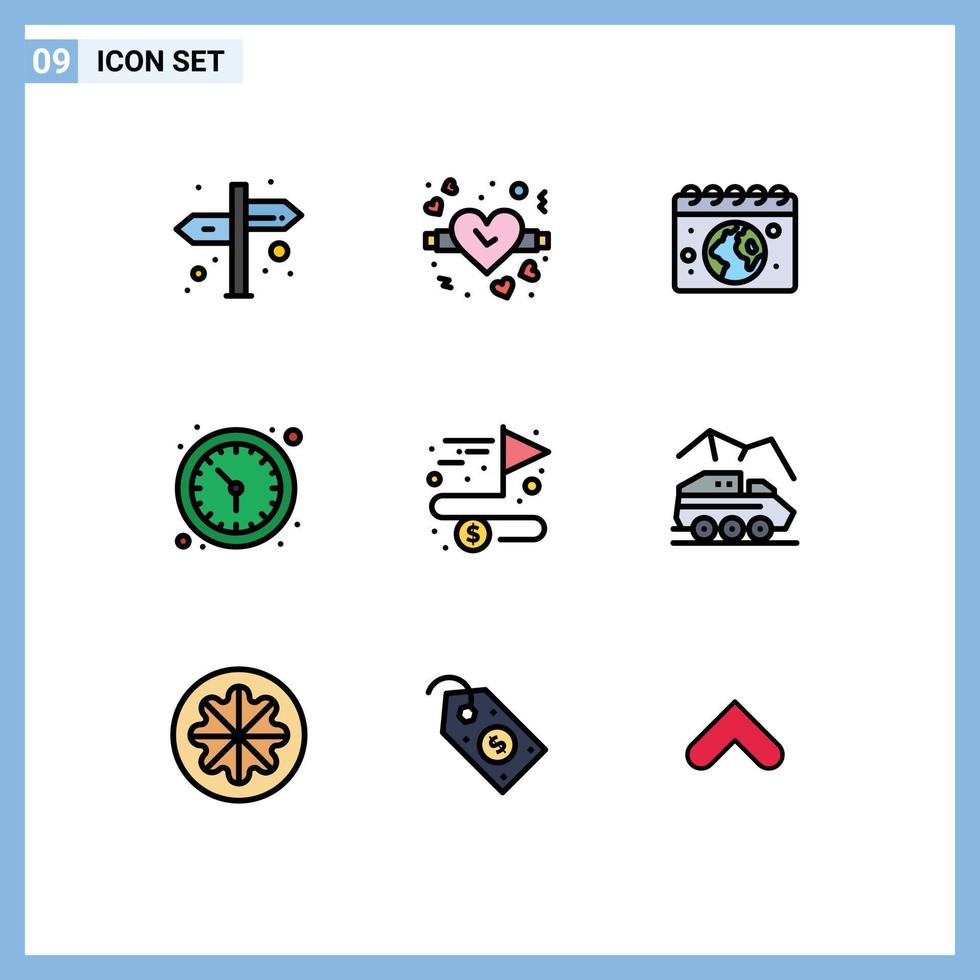 User Interface Pack of 9 Basic Filledline Flat Colors of goal achieving calender accomplish watch Editable Vector Design Elements