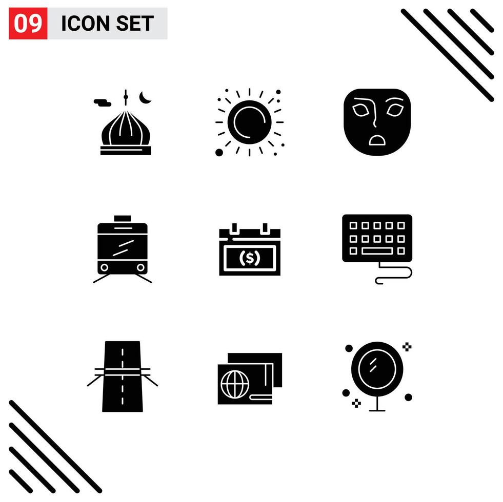 9 Universal Solid Glyph Signs Symbols of money appointment heat calendar tramway Editable Vector Design Elements