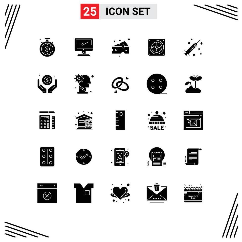 25 Universal Solid Glyph Signs Symbols of medical fan cheese computer fan Editable Vector Design Elements