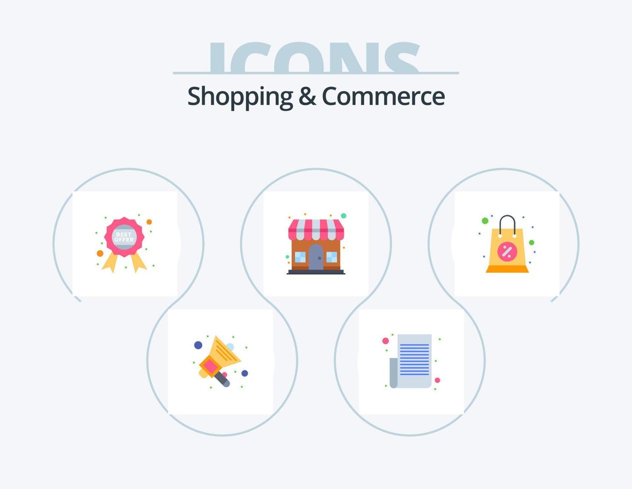 Shopping And Commerce Flat Icon Pack 5 Icon Design. storehouse. shop. award. outlet. offer vector