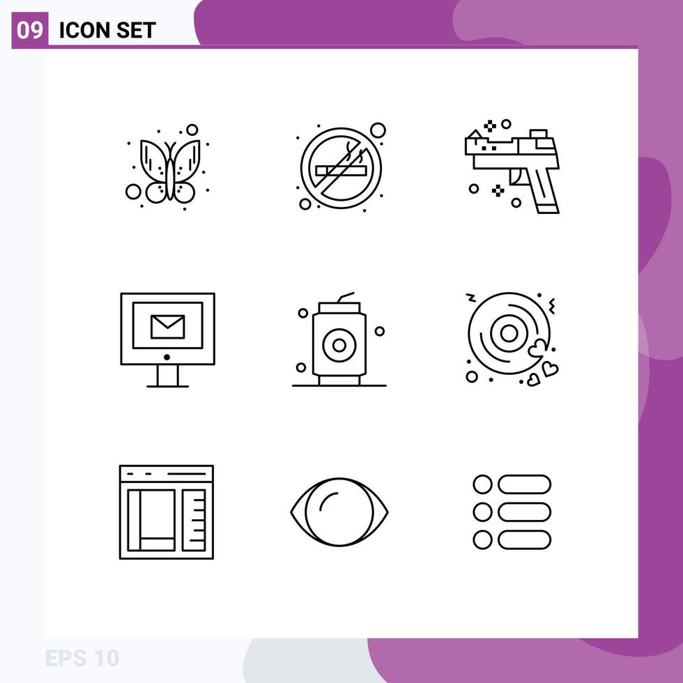 9 Universal Outlines Set for Web and Mobile Applications drinks beer gun service mail Editable Vector Design Elements