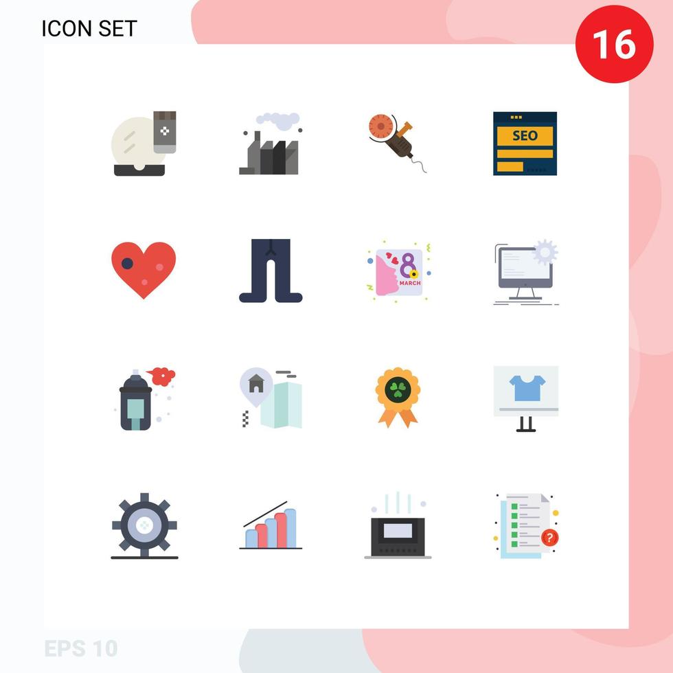 User Interface Pack of 16 Basic Flat Colors of seo data saw server blade Editable Pack of Creative Vector Design Elements