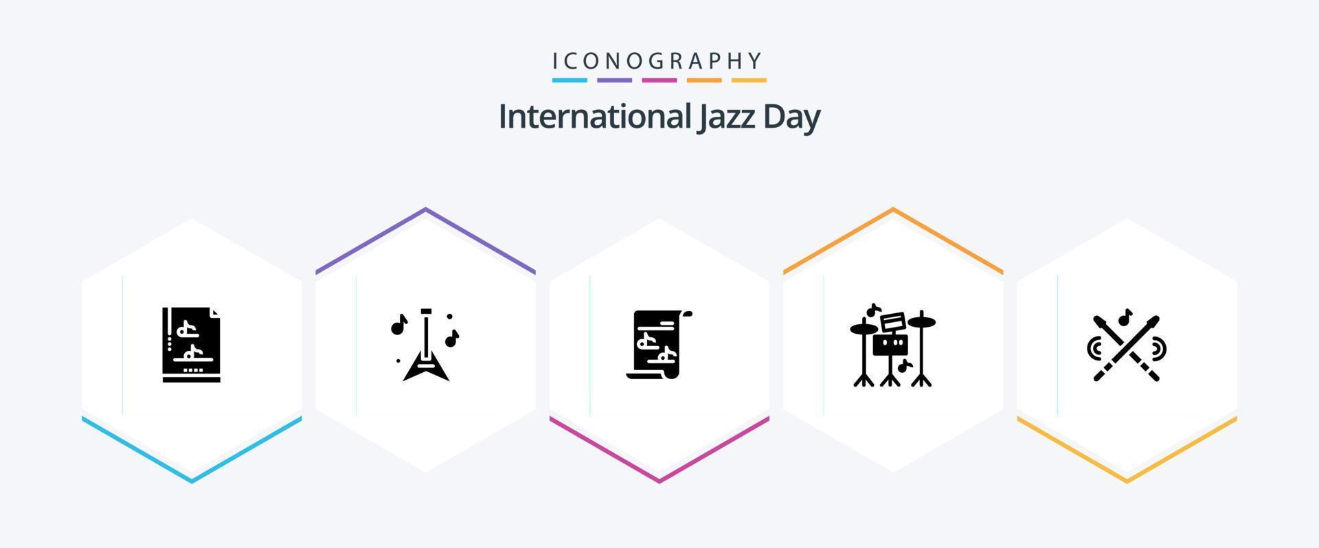 paquete de iconos de 25 glifos del día internacional del jazz que incluye. equipo . tambor . lista de reproducción vector