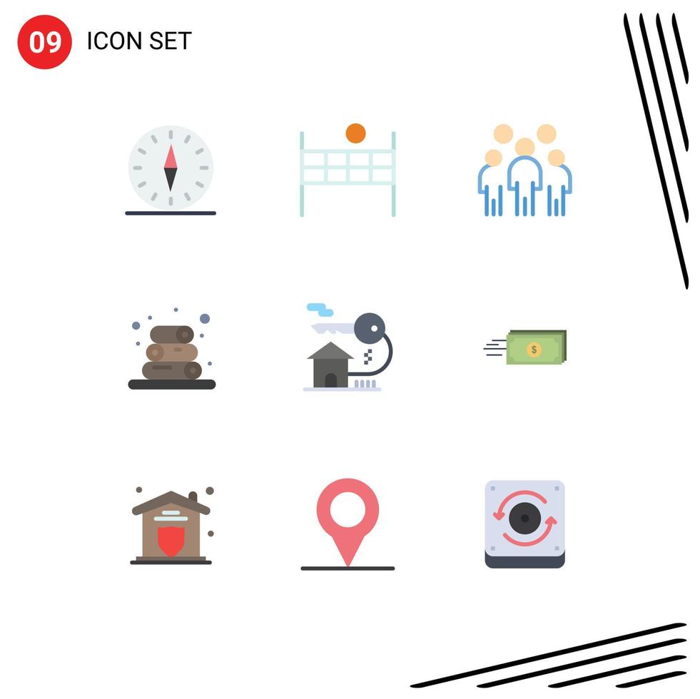 paquete de 9 signos y símbolos modernos de colores planos para medios de impresión web, como toallas de grupo de bienestar doméstico, elementos de diseño de vectores editables para personas