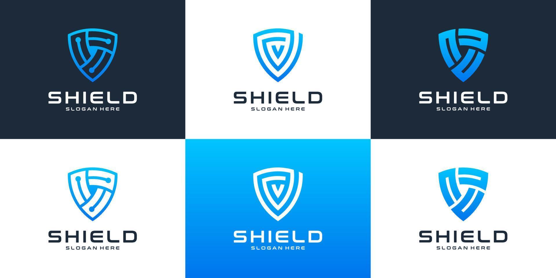 Set of modern tech with shield logo design template. Abstract icon security symbol for digital, internet and cyberspace. vector