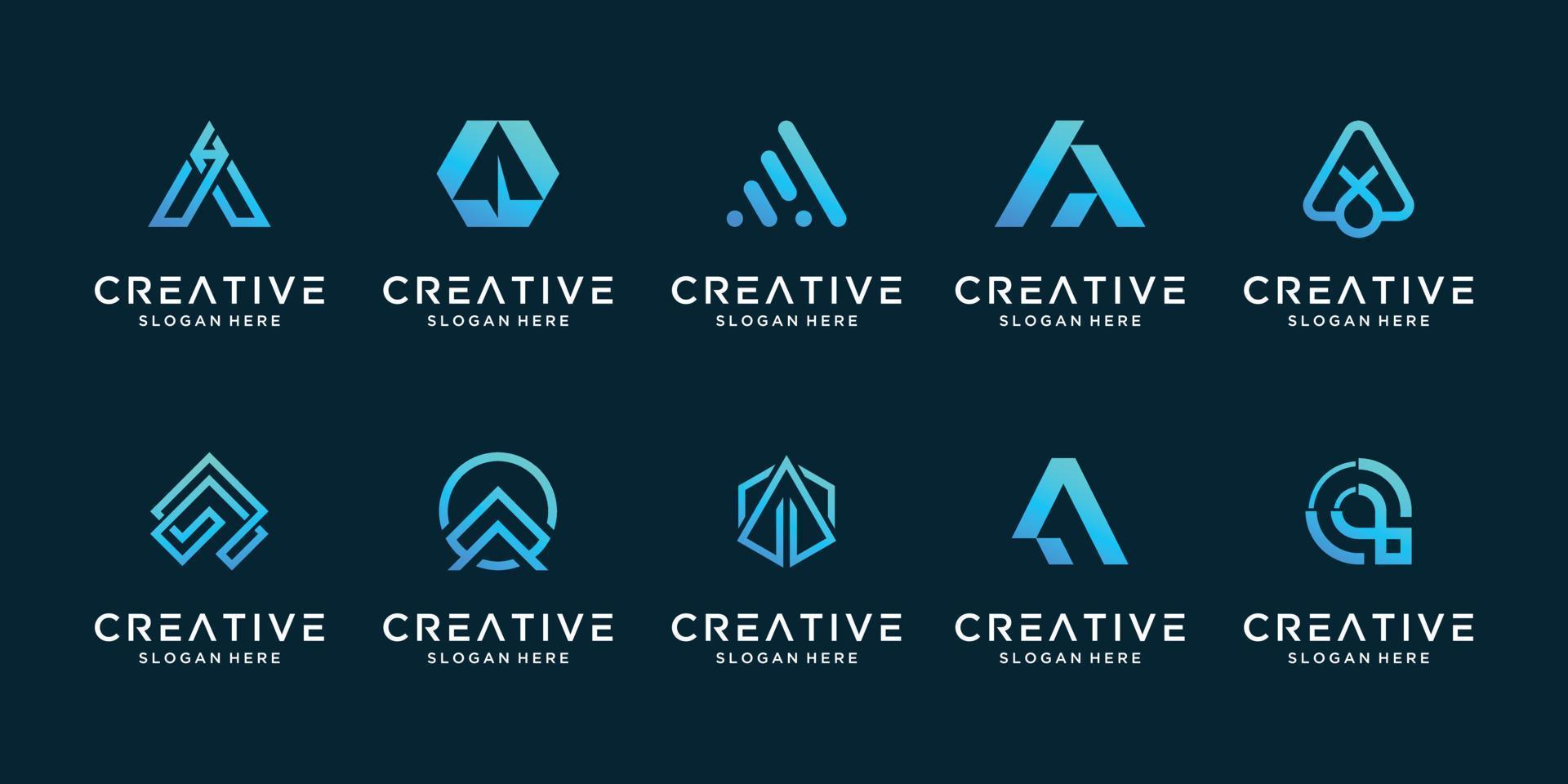 Set creative collection letter A logo design template. icon for technology, internet, digital. vector