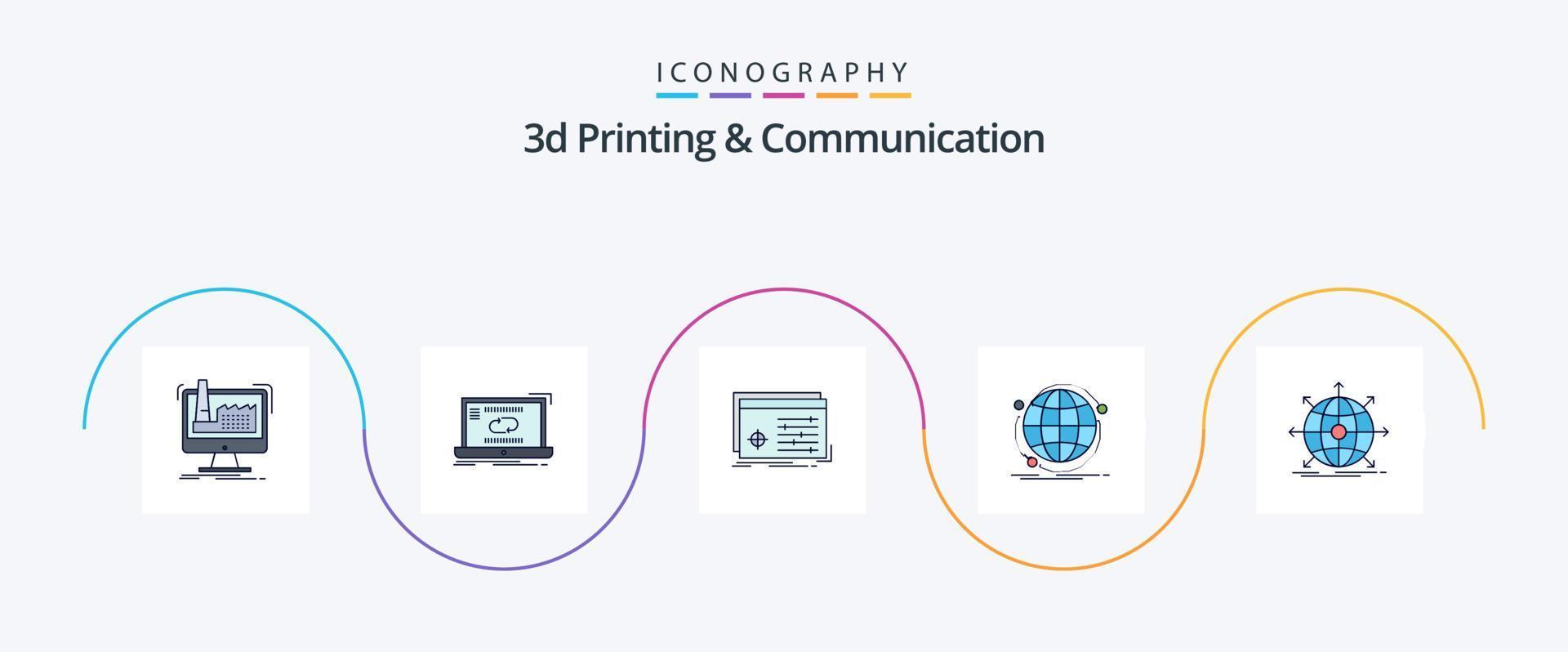 La línea de impresión y comunicación en 3d llenó un paquete de 5 íconos planos que incluye Internet. datos. sincronizar software. Procesando vector