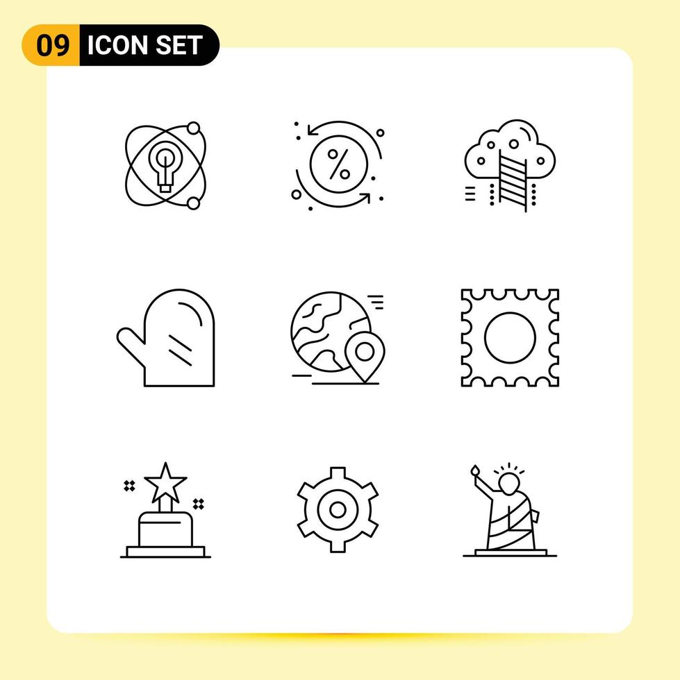 Group of 9 Outlines Signs and Symbols for map meal ladder glove drink Editable Vector Design Elements