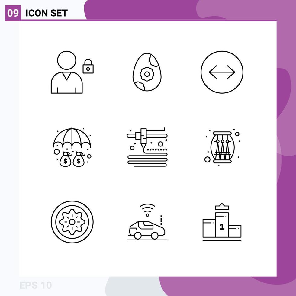 Set of 9 Modern UI Icons Symbols Signs for celebration drum swipe arrows printing protection Editable Vector Design Elements