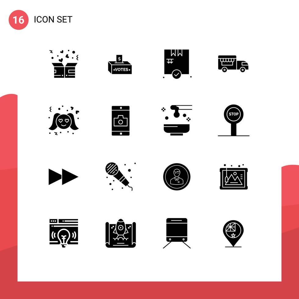 Pack of 16 Modern Solid Glyphs Signs and Symbols for Web Print Media such as romance van influence shop on wheels check Editable Vector Design Elements