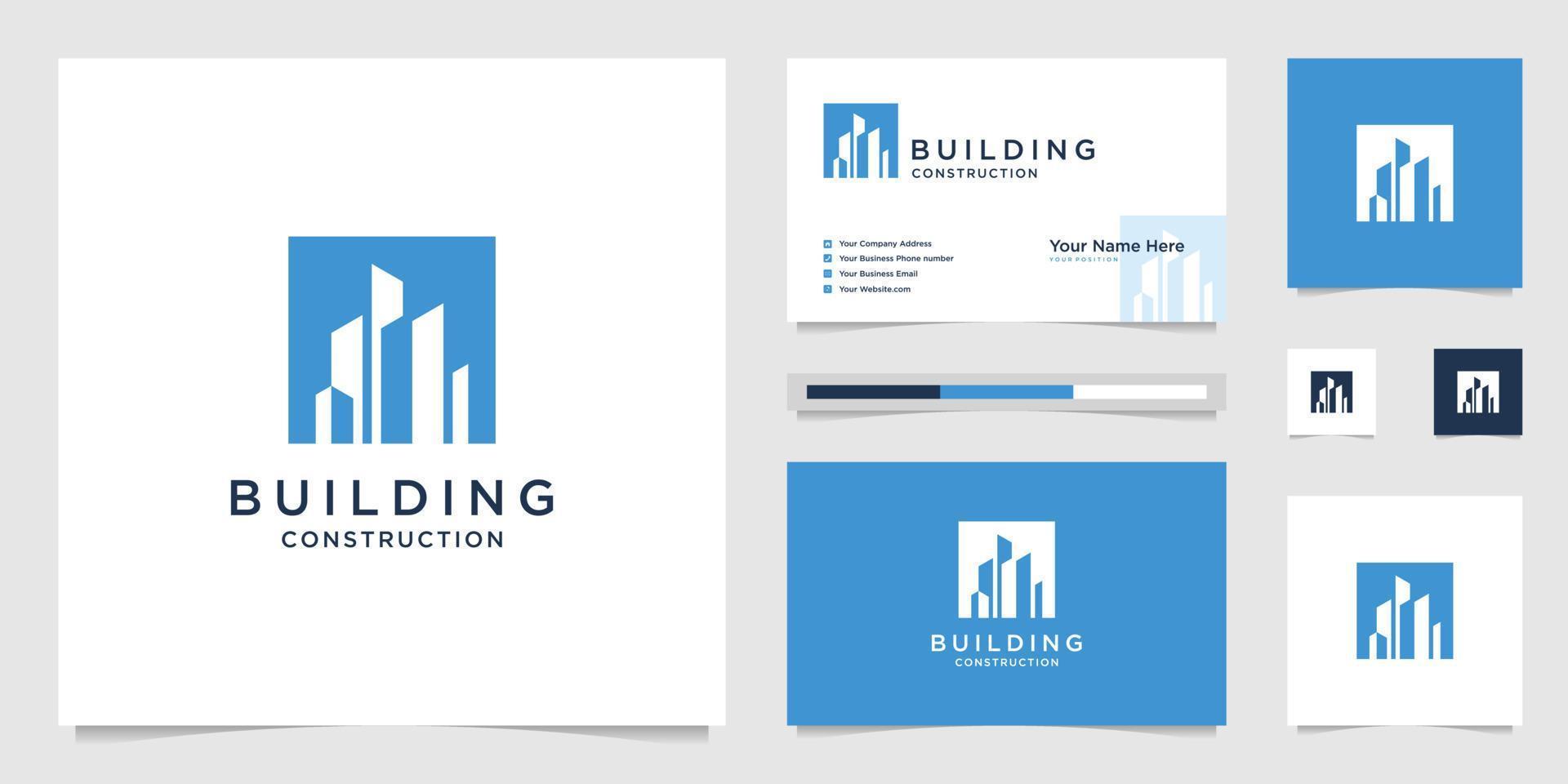 logotipos de diseño y tarjetas de visita de construcción de edificios, inspiradores logotipos abstractos de construcción de ciudades vector