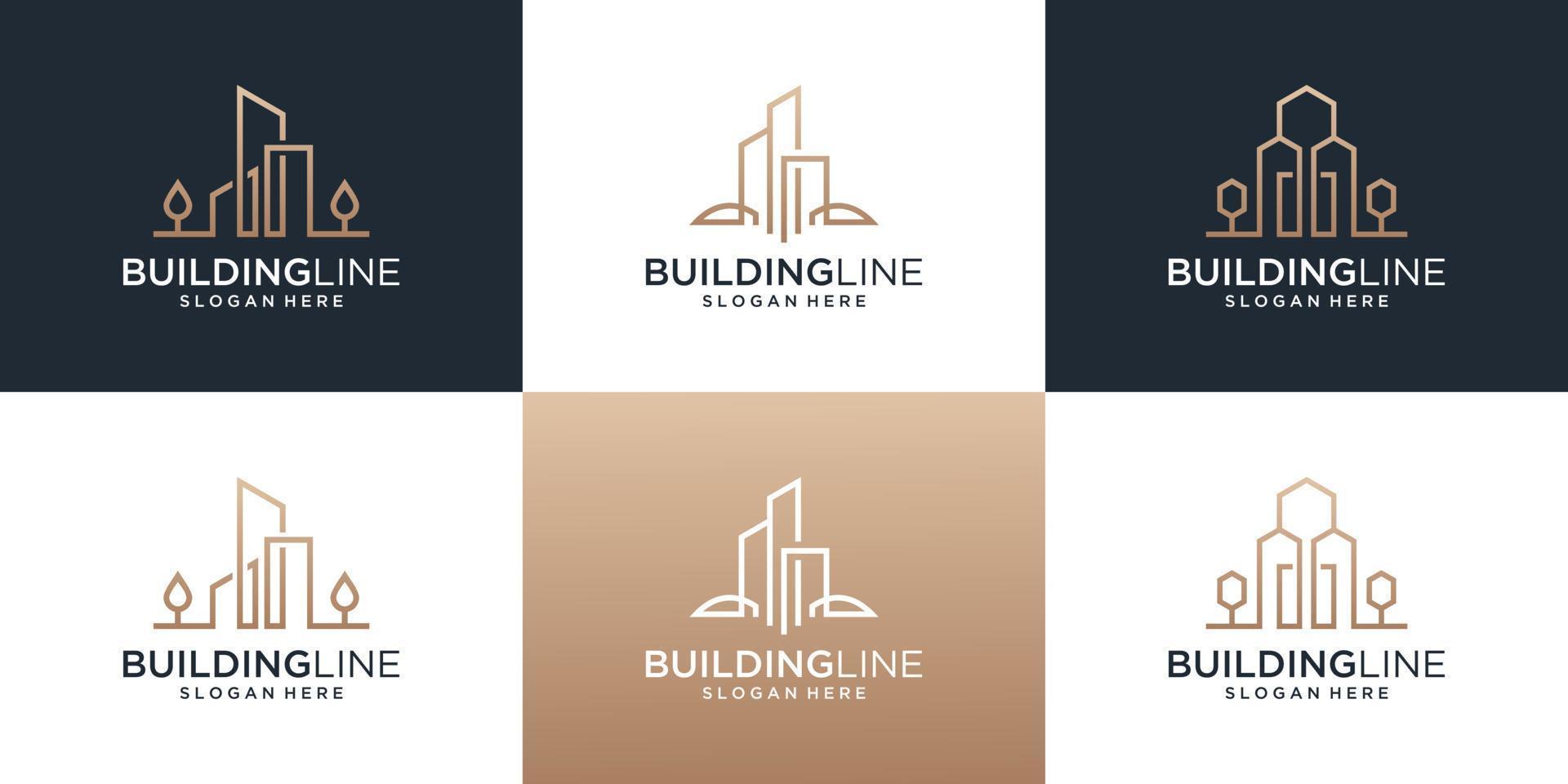 Collection of building real estate logo with line art style logo design template. vector