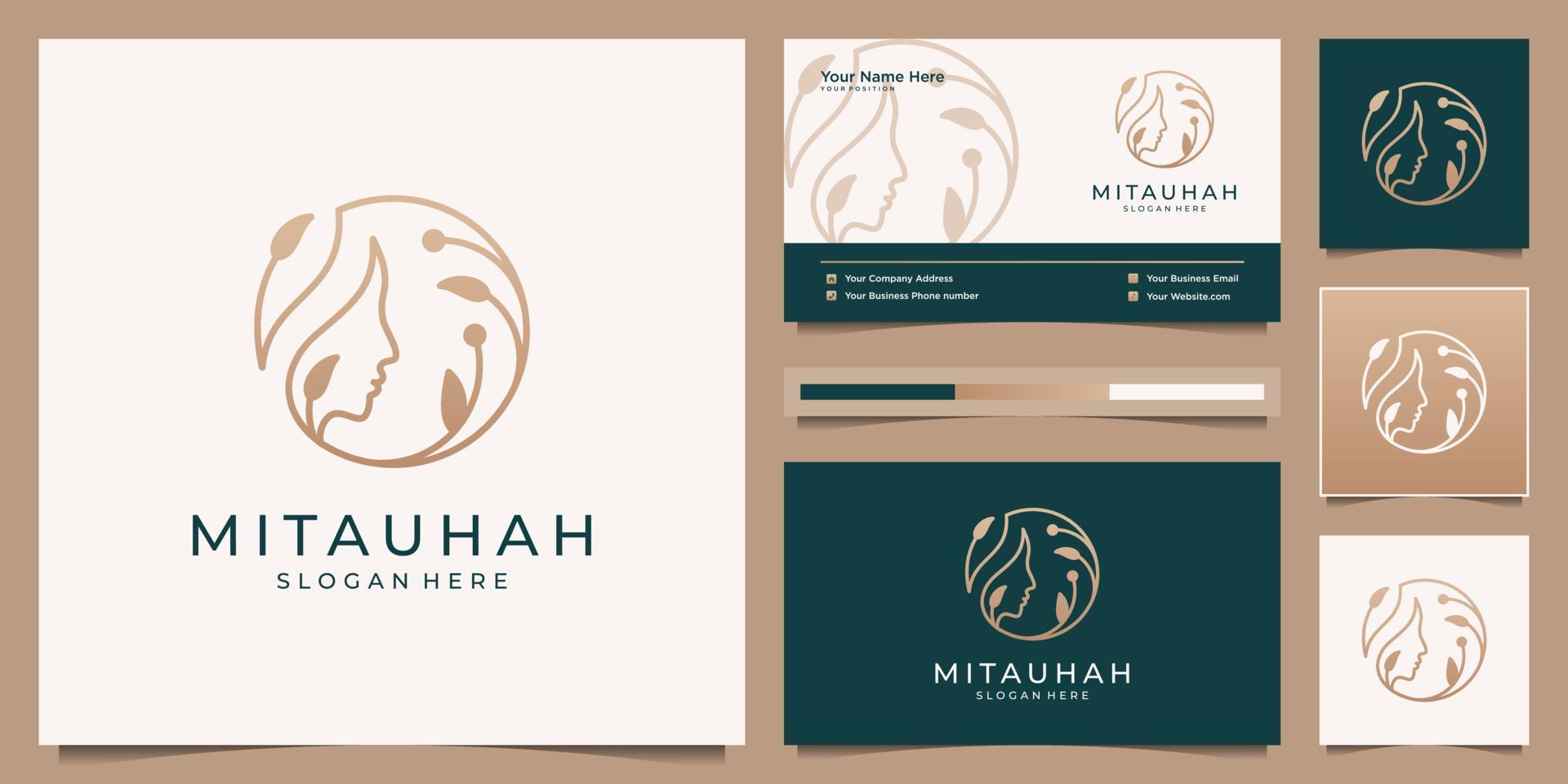 Beauty feminine women face logo design and business card. Luxury branding logo for cosmetics, skin care, salon and spa. vector