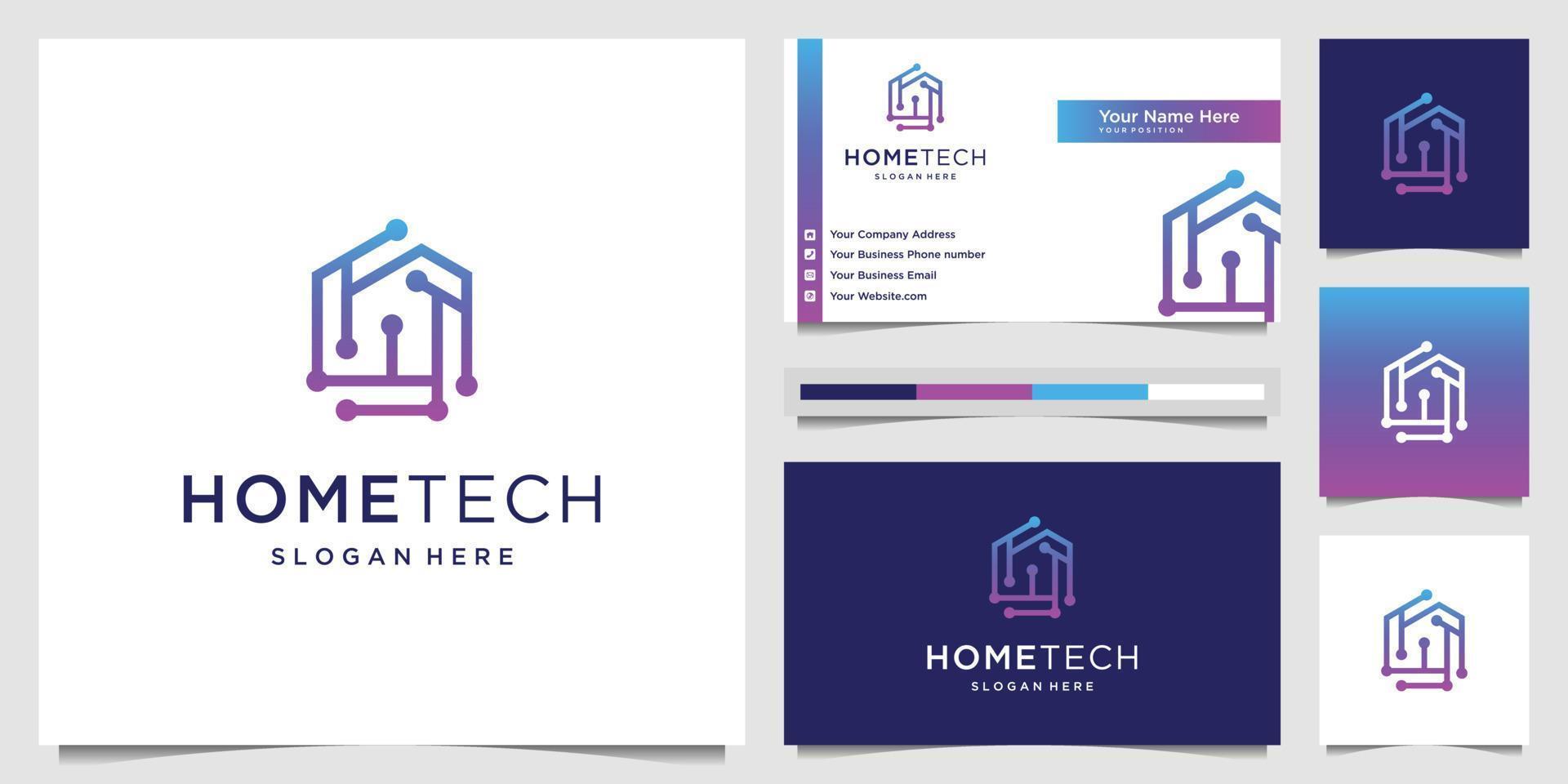 Home tech with connection dot line art style logo design and business card. creative idea symbol technology. vector