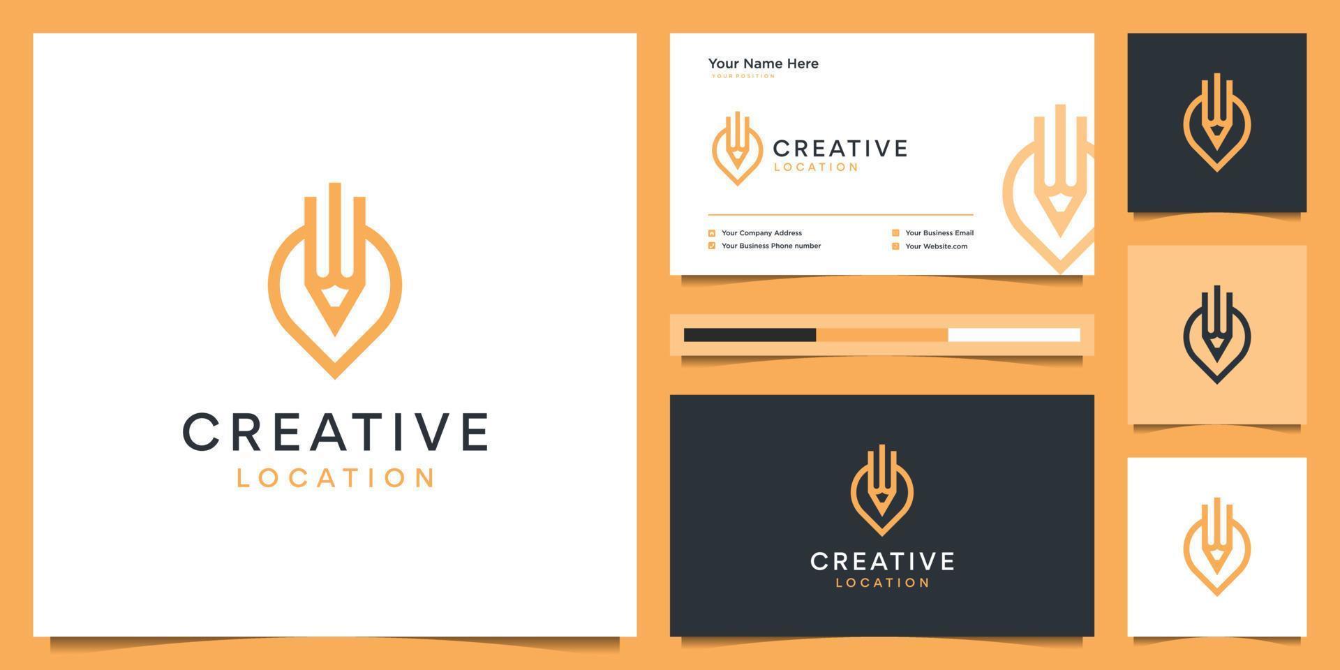 Smart pencil and location logo design and business card. minimal icon pin map template. vector