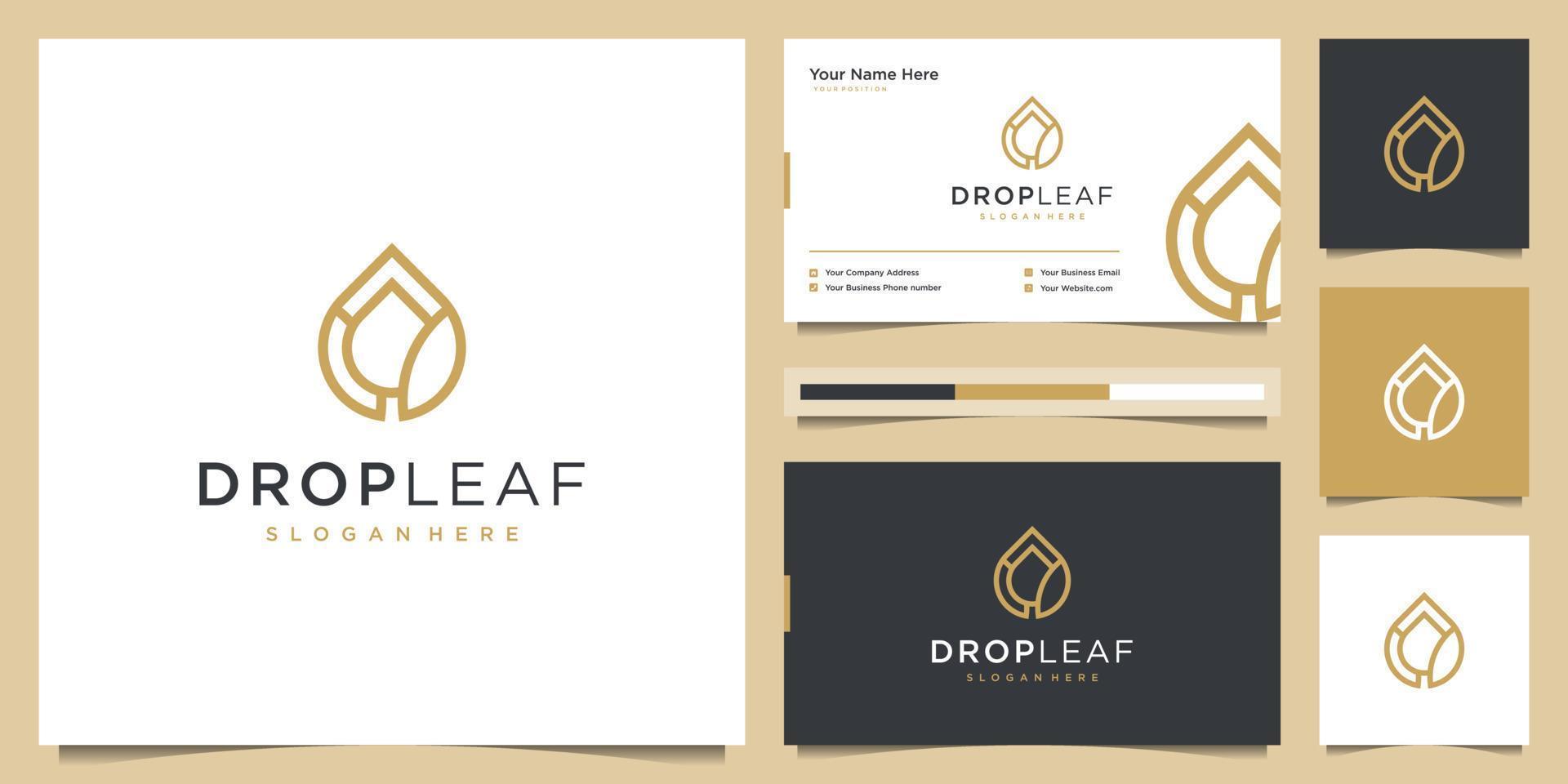 Beauty drop leaf logo design and business card. luxury logo oil with leaf liner concept. vector