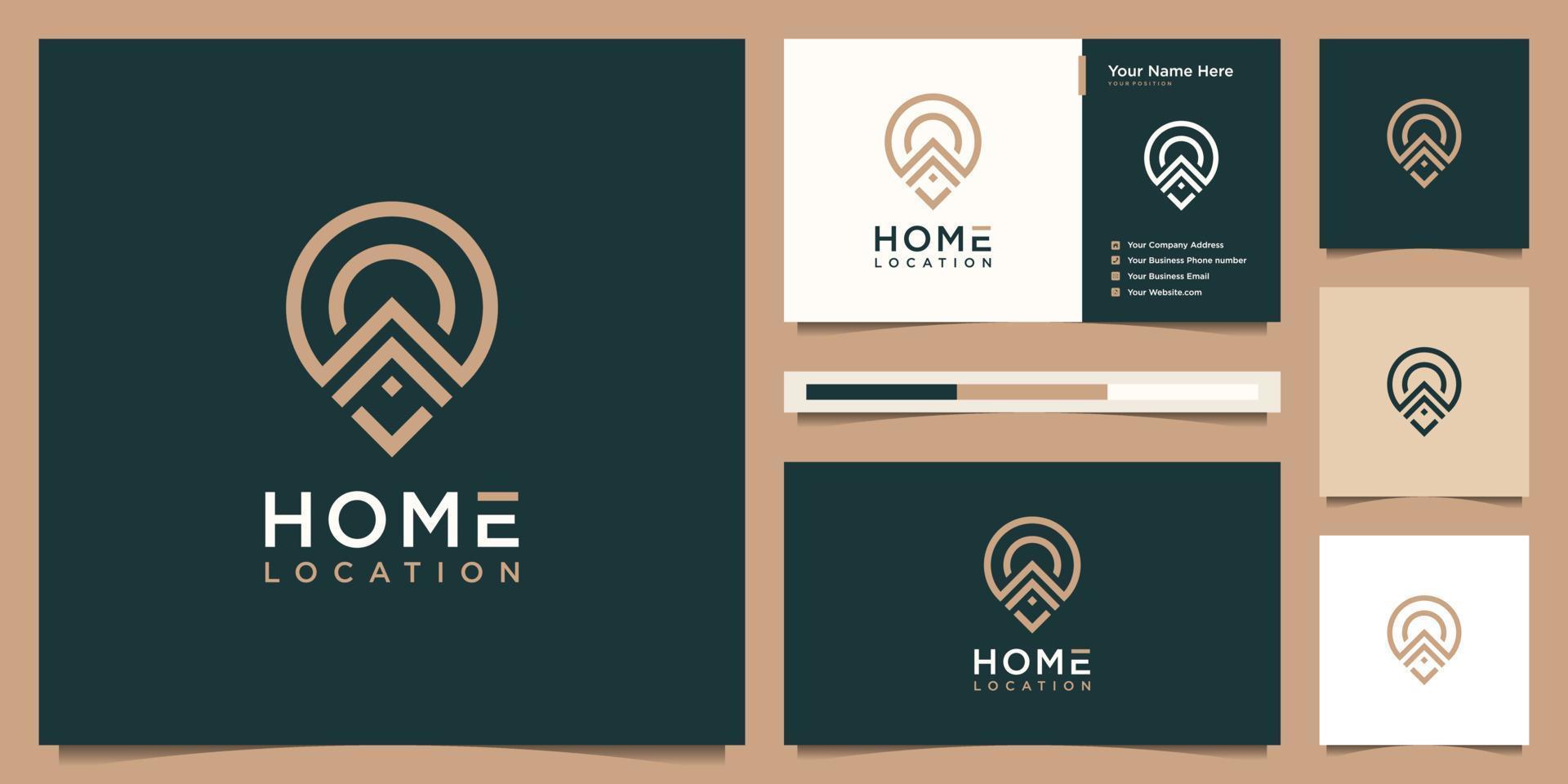 diseño de logotipo de ubicación de inicio y plantilla de tarjeta de visita. logo de lujo hogar y pin ubicación icono símbolo bienes raíces. vector