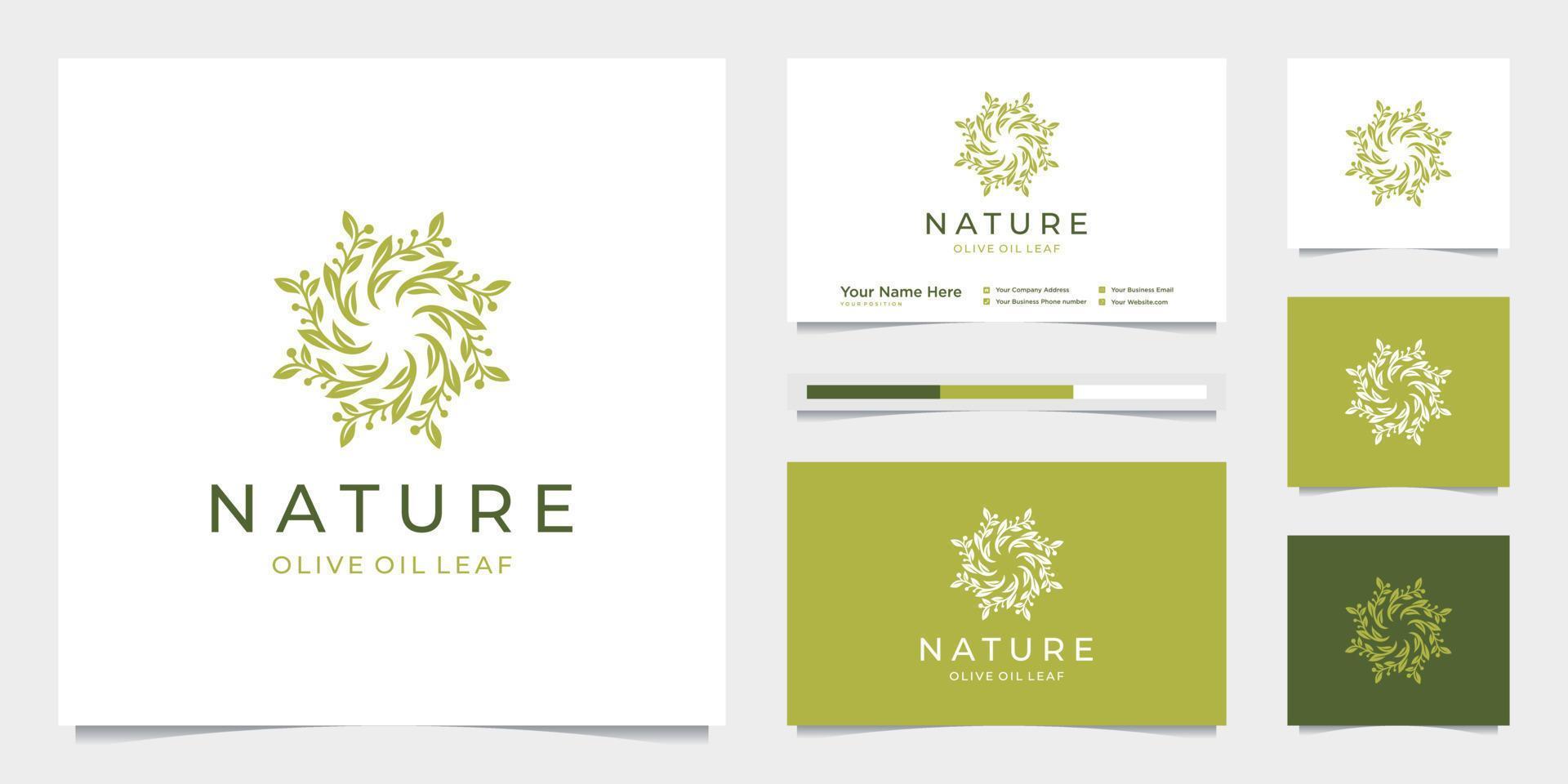 diseño de logotipo de aceite de oliva de rama de árbol de hoja de círculo elegante. se puede utilizar para salones de belleza, decoraciones, boutiques, spas, yoga, cosméticos y productos para el cuidado de la piel. vector de tarjeta de visita premium