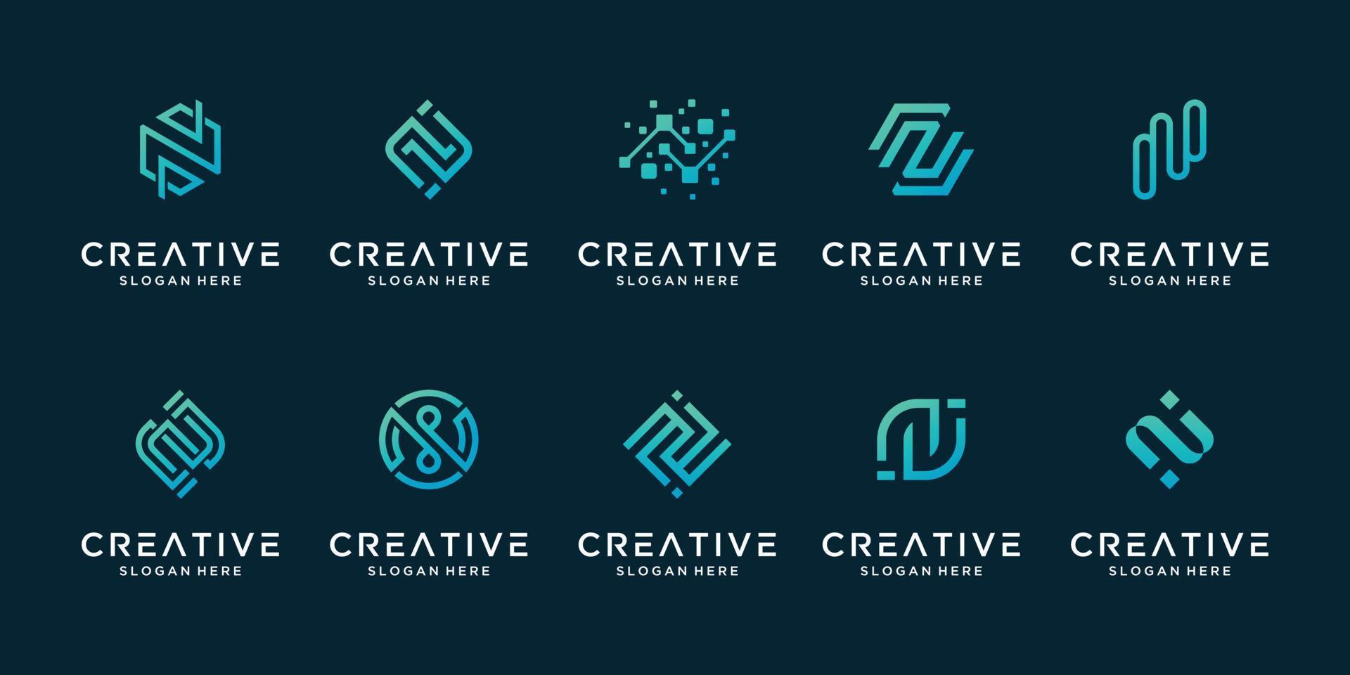 Set of creative letter n modern liner digital technology logo . logo can be used for technology, digital, connection, data, electric company. vector
