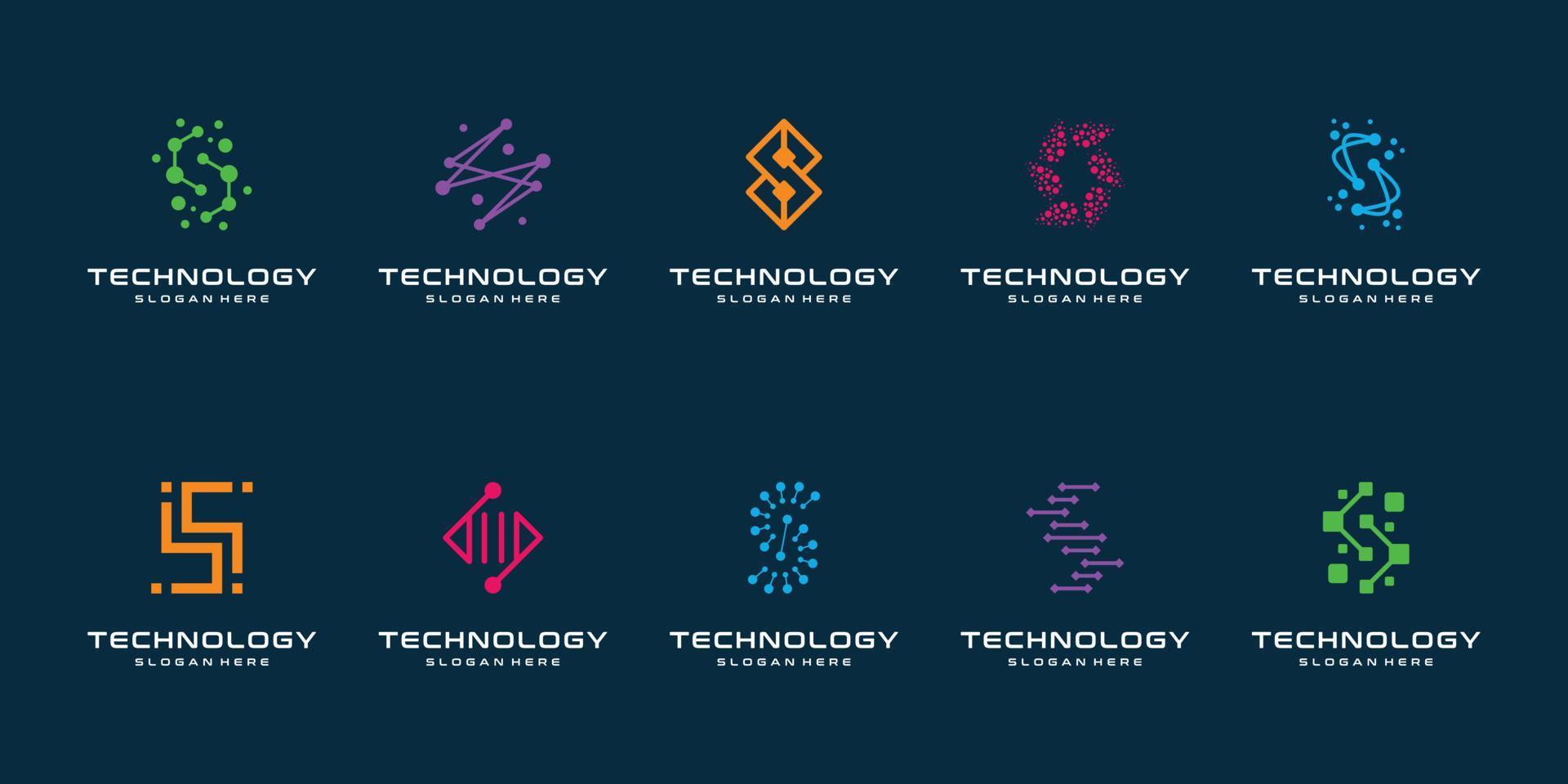 conjunto de diseño de logotipo de punto de letra s de tecnología y tarjeta de visita. s inicial para tecnología de símbolos, internet, sistema, inteligencia artificial y computadora. diseño de logotipo de inspiración moderno. vector