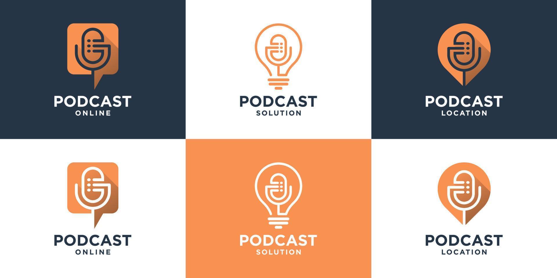 conjunto de podcast minimalista con estilo de arte lineal. diseño de logotipo de micrófono creativo listo para usar. vector