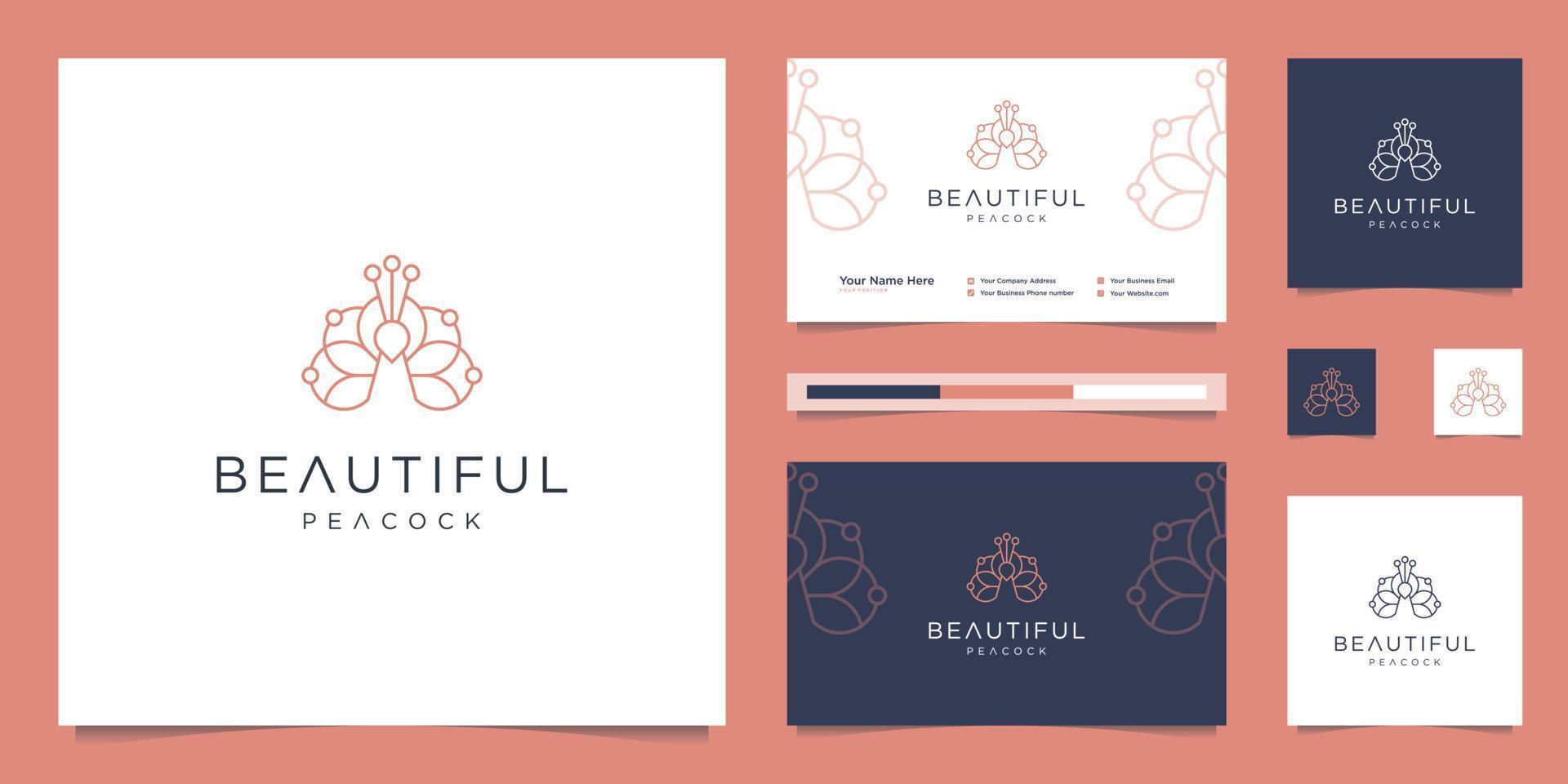 logo design beautiful peacock and business card template. minimalist luxury fashion line designs, jewelry, salon, spa. vector