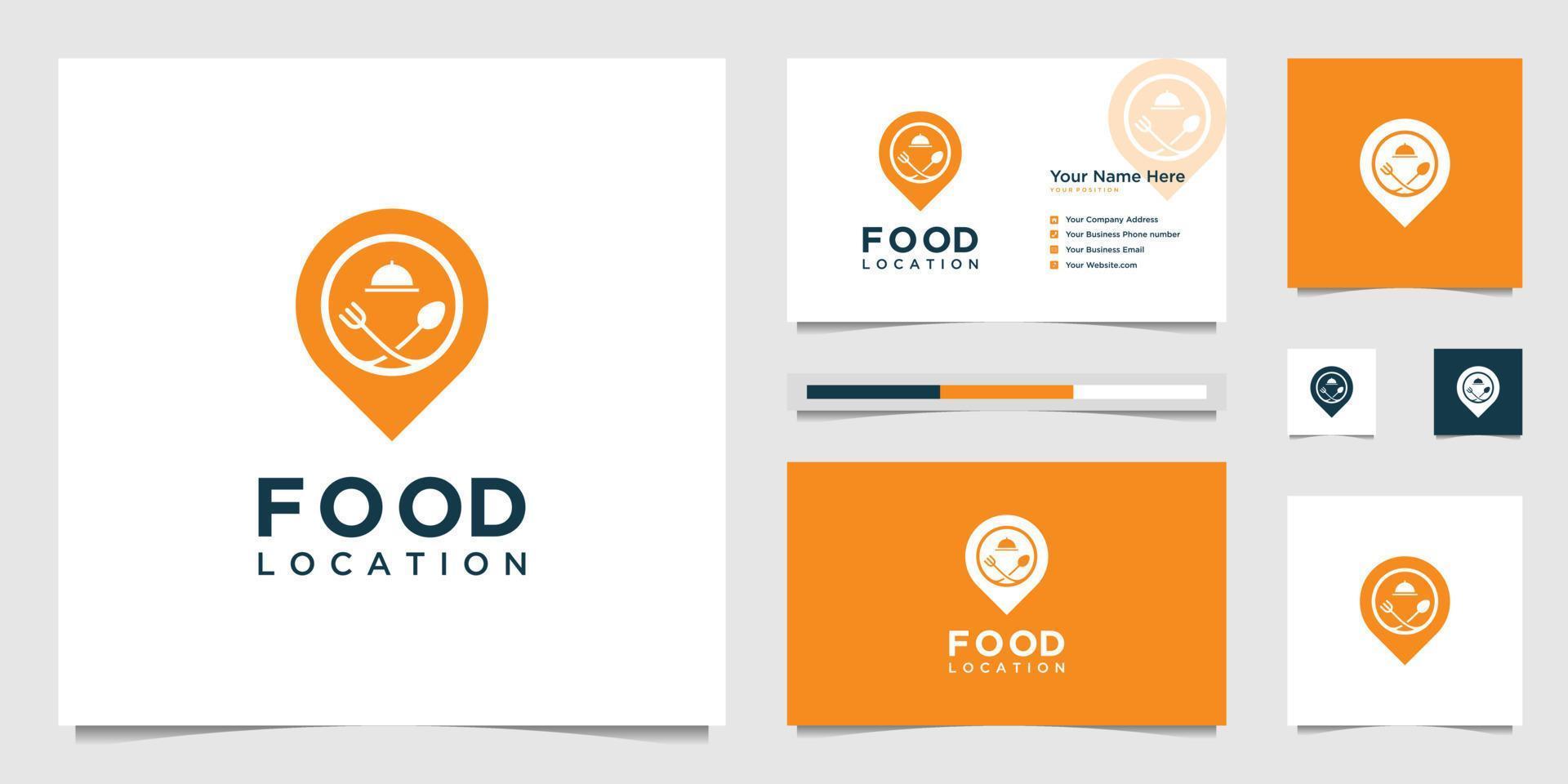 diseño de logotipo de ubicación de alimentos y tarjeta de visita. símbolo tenedor, cuchara, cuchillo y alfiler. vector