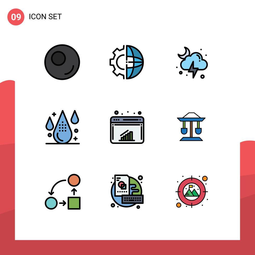 Mobile Interface Filledline Flat Color Set of 9 Pictograms of graph drop lightning development color Editable Vector Design Elements