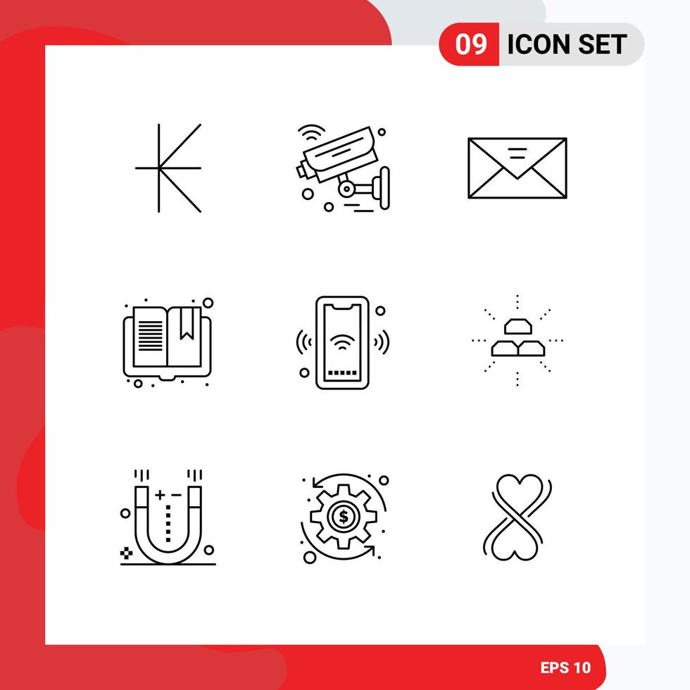 9 Universal Outlines Set for Web and Mobile Applications reading open wifi book message Editable Vector Design Elements