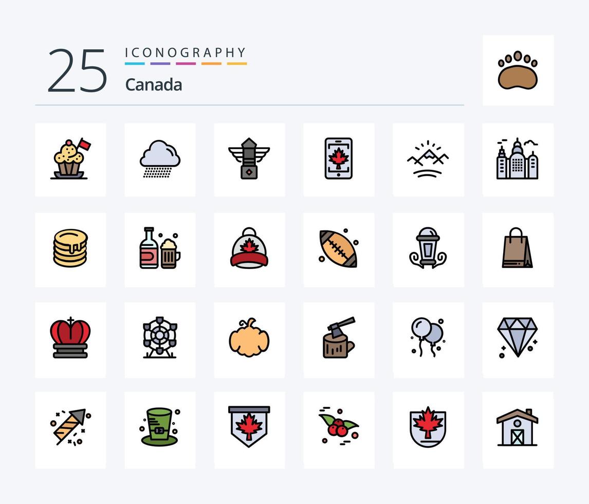 paquete de iconos rellenos de 25 líneas de canadá, incluido el río. lámina. calle. Canadá. móvil vector