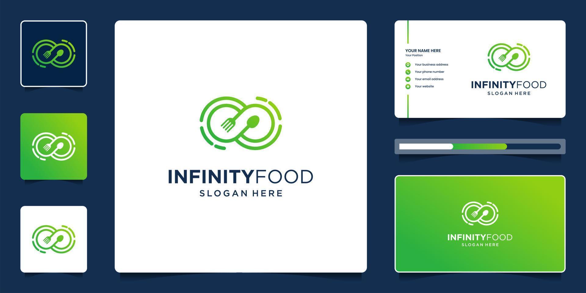 logotipo de comida con símbolo infinito, diseño de logotipo creativo y tarjeta de visita vector