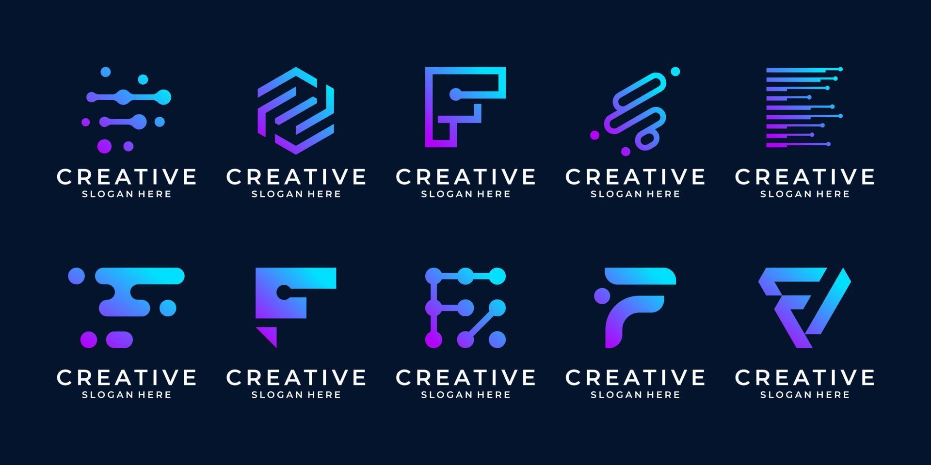 Set of creative letter F logo template. Modern symbol for digital technology with dot, molecule and abstract. vector