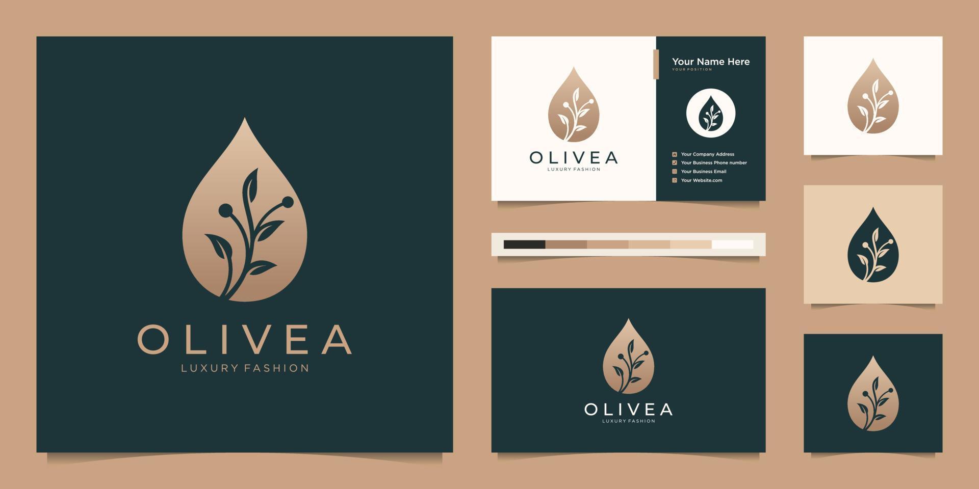Luxury olive oil logo template. Creative combine branch and droplet with business card design. vector