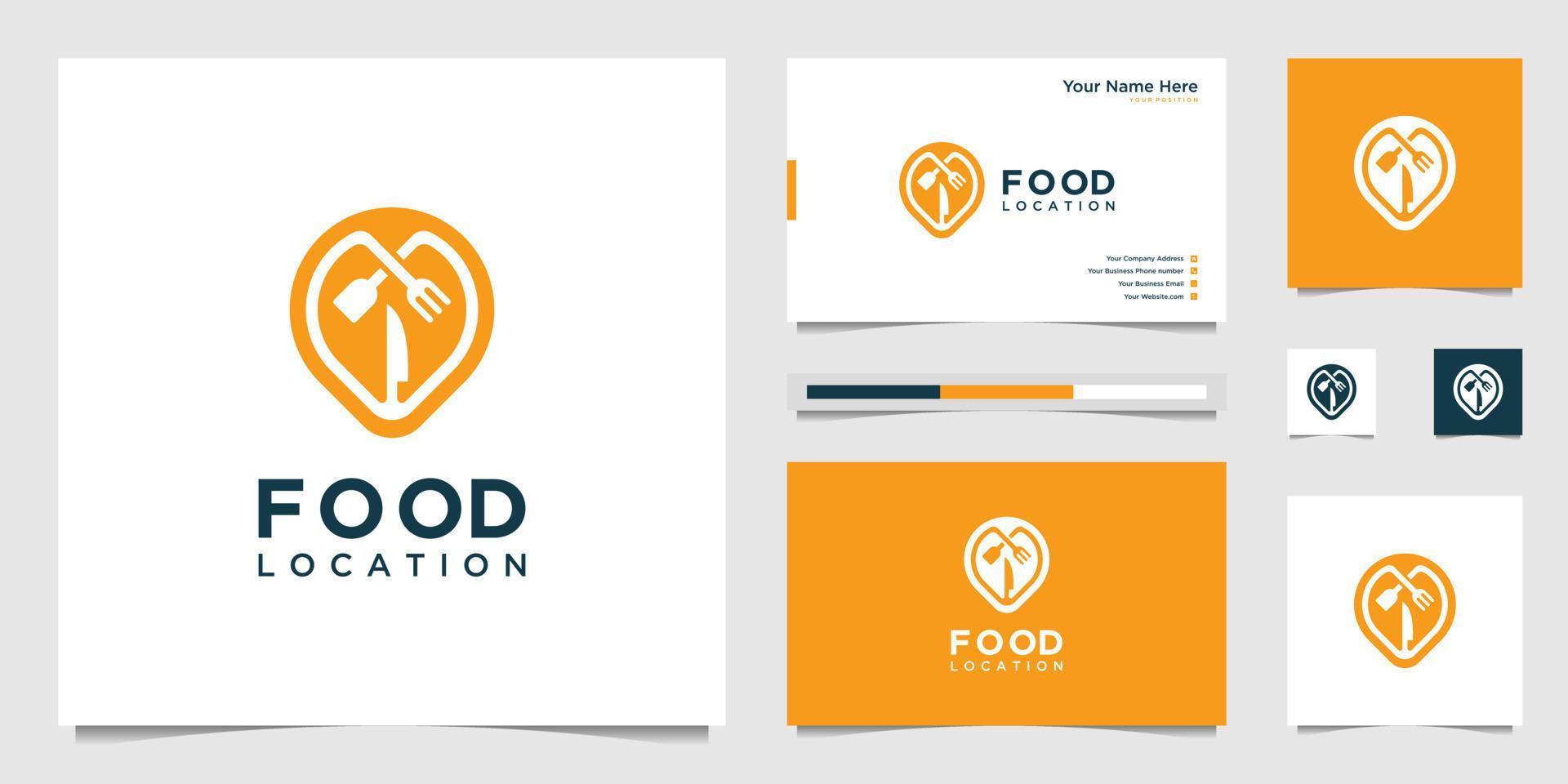 diseño de logotipo de ubicación de alimentos y tarjeta de visita. símbolo tenedor, cuchara, cuchillo y alfiler. vector