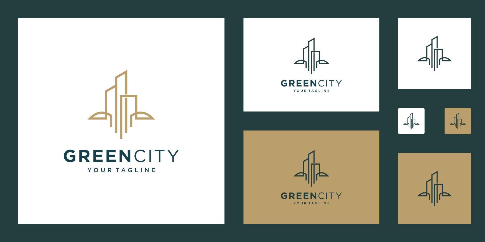 edificio de plantilla de vector de diseño de logotipo de ciudad verde. símbolo de contorno minimalista para edificios ecológicos.