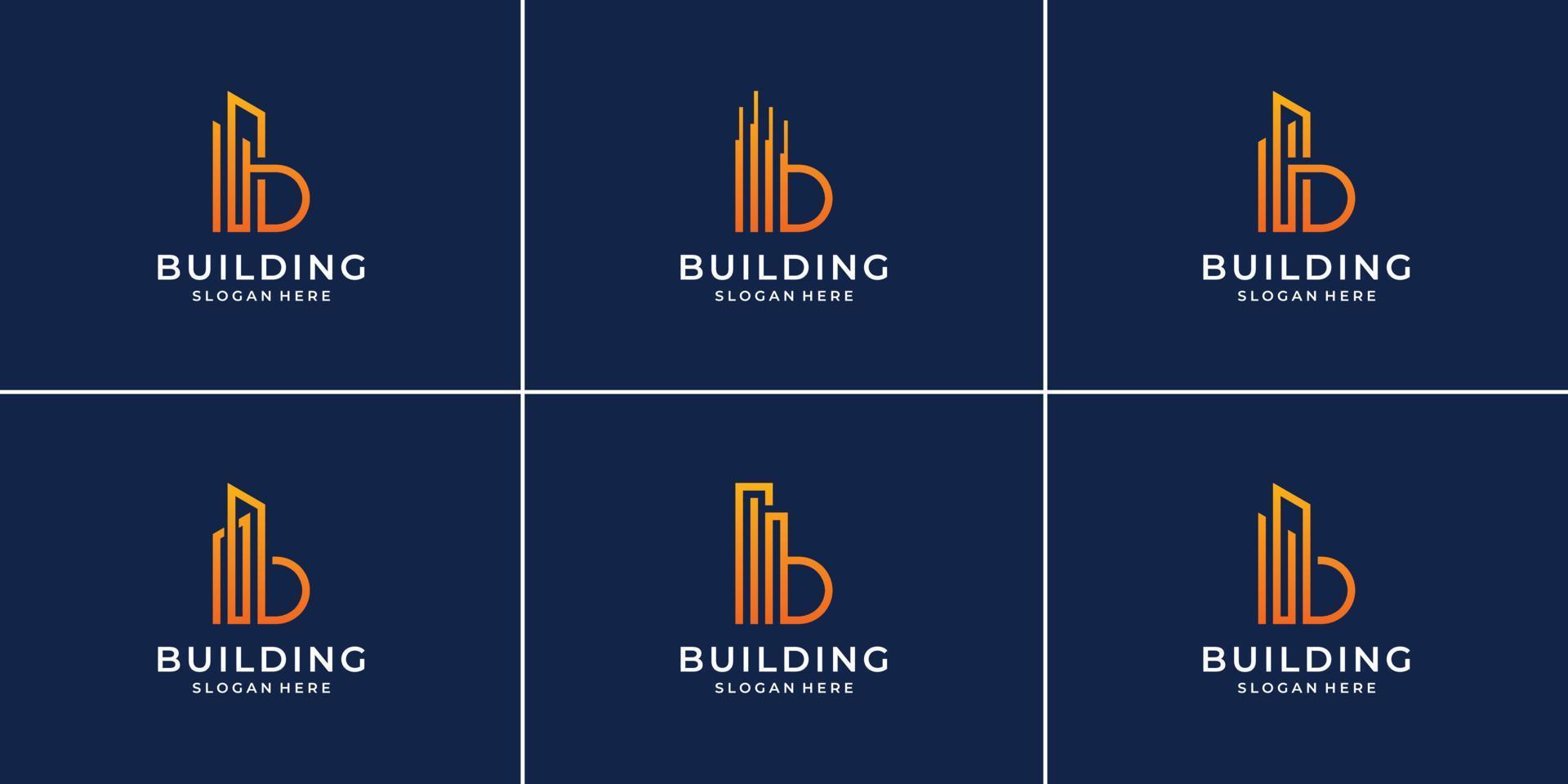 set a creative initial letter b with real estate symbol. building logo design collection. minimalist monogram and line art style. vector