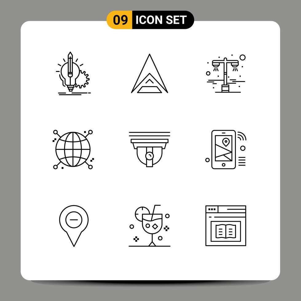 Set of 9 Commercial Outlines pack for camera globe crypto currency focus road light Editable Vector Design Elements