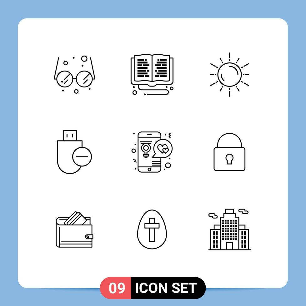 Group of 9 Modern Outlines Set for stick hardware sun devices weather Editable Vector Design Elements