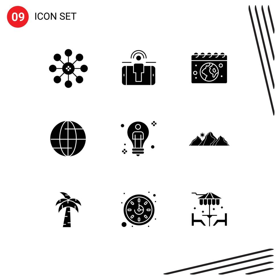 9 Universal Solid Glyphs Set for Web and Mobile Applications solution bulb earth internet global Editable Vector Design Elements