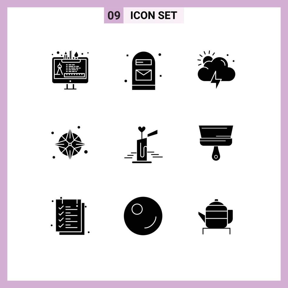9 User Interface Solid Glyph Pack of modern Signs and Symbols of wedding candle storm location gps Editable Vector Design Elements