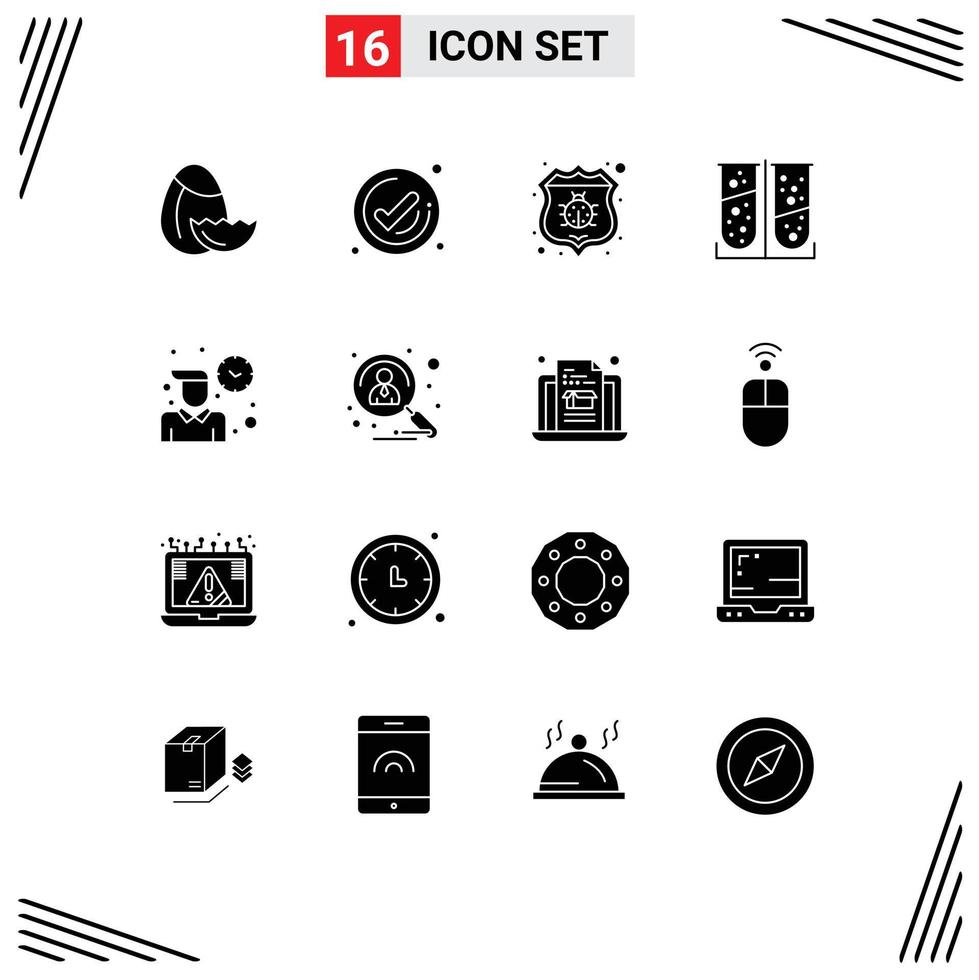 User Interface Pack of 16 Basic Solid Glyphs of time employee bug laboratory test chemical Editable Vector Design Elements
