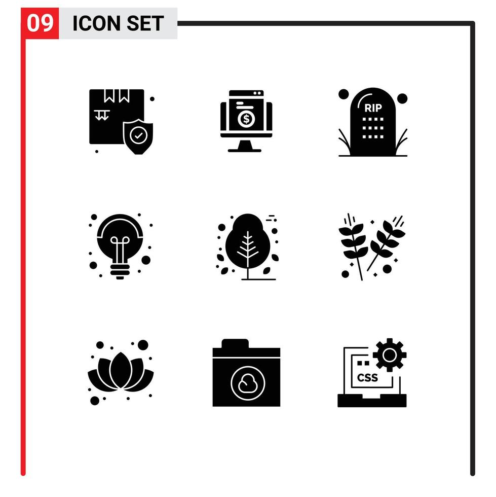 Mobile Interface Solid Glyph Set of 9 Pictograms of idea science website electricity grave Editable Vector Design Elements