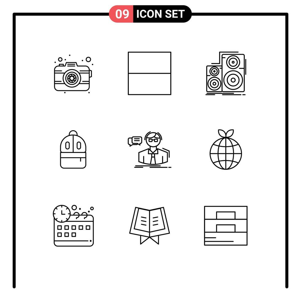 Set of 9 Vector Outlines on Grid for scientist professor monitor read backbag Editable Vector Design Elements