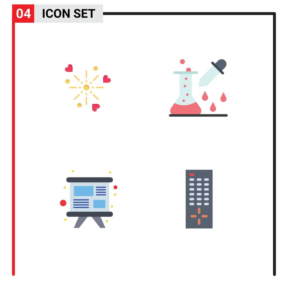 paquete de 4 iconos planos modernos, signos y símbolos para medios impresos web, como presentación de fuegos artificiales, equipo de microbiología de amor, elementos de diseño de vectores editables